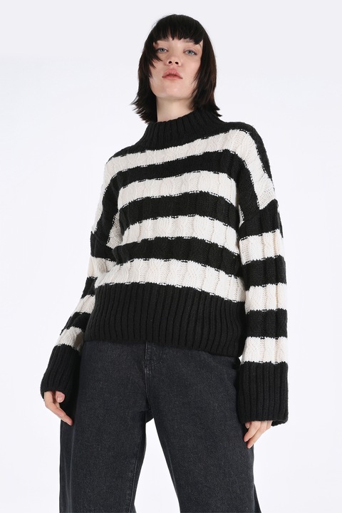 COLIN'S, Pulover cu model in dungi si maneci cazute, Negru/Crem, L