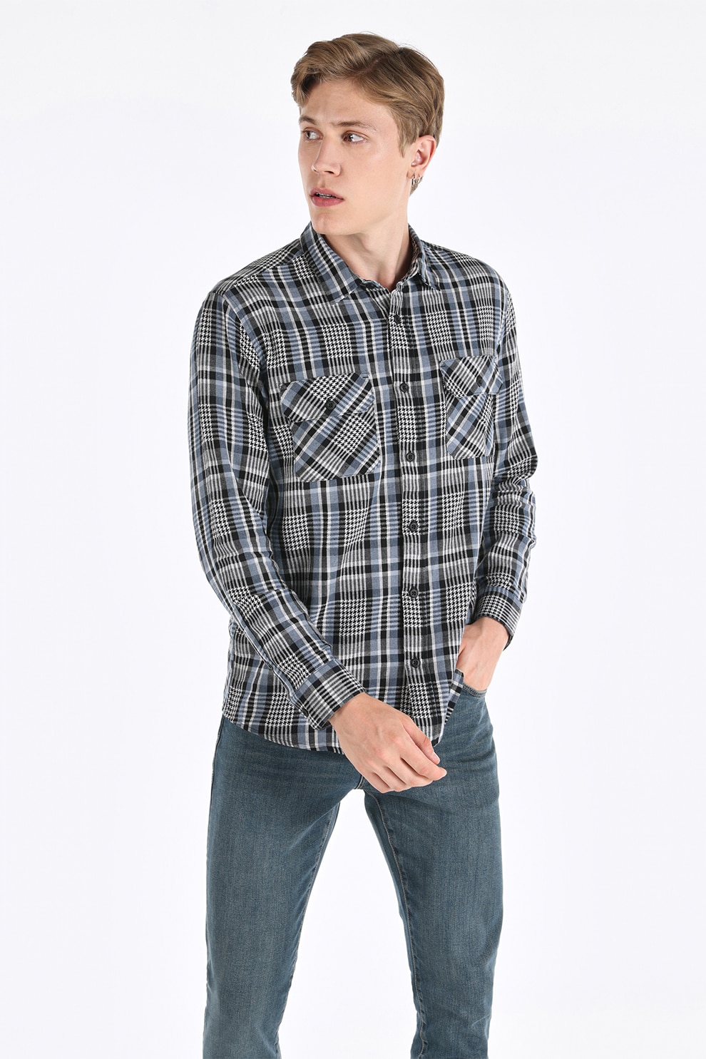 COLIN'S, Camasa cu model in carouri si guler ascutit, Negru, Gri, Alb, 2XL