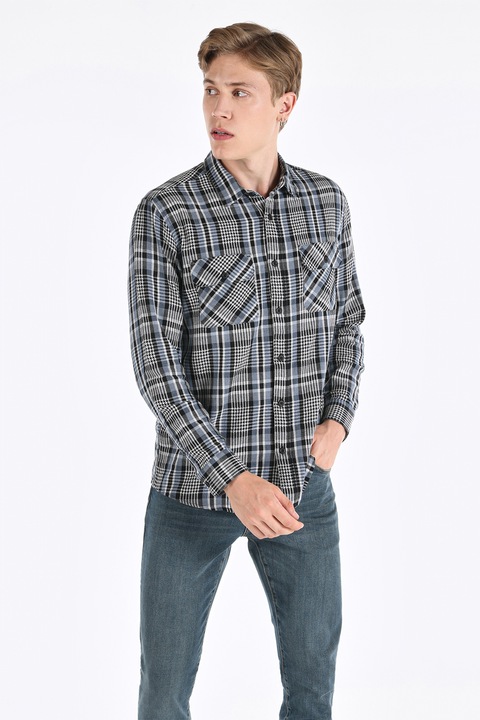 COLIN'S, Camasa cu model in carouri si guler ascutit, Alb/Negru/Gri