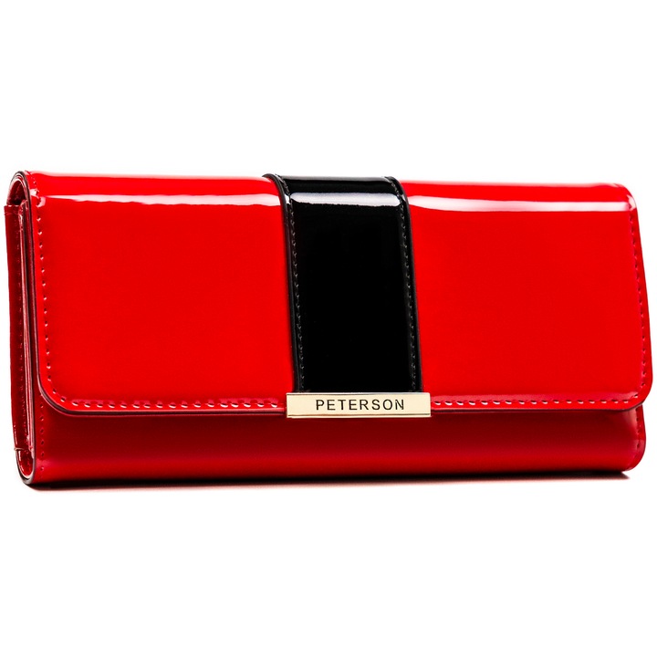 Portofel de dama, piele ecologica, red&black, Peterson, ptn 006-lak, 9 x 19 x 3 cm