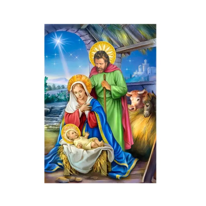 Set creativ goblen cu diamante rotunde, DIY 5D, Model Nasterea lui Iisus, 30 x 40cm, Multicolor