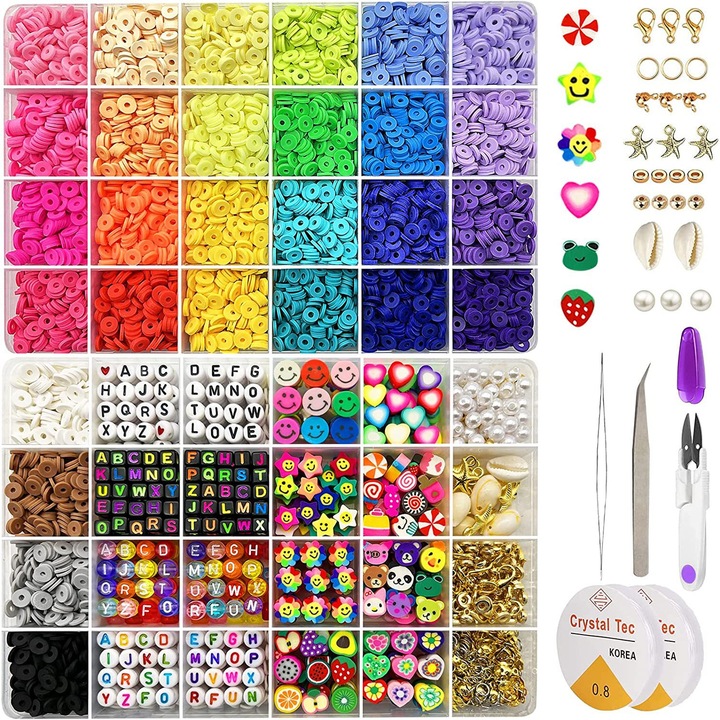 Set complet de margele bijuterii DIY cu accesorii pentru confectionat bijuterii, suport pentru diferentiat margele, margele cu litere, Tessero, multicolor