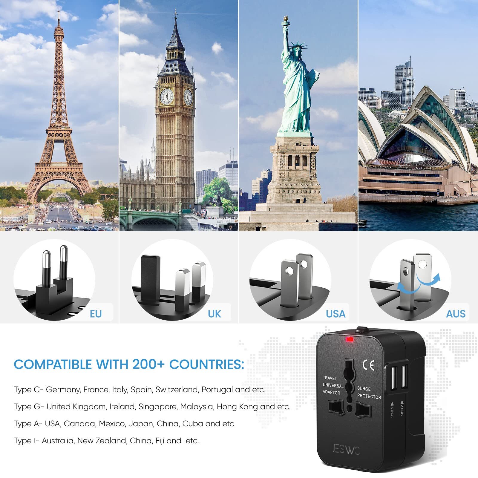 Adaptor universal priza, Policarbonat, JESWO, Europa/SUA/UK/Australia