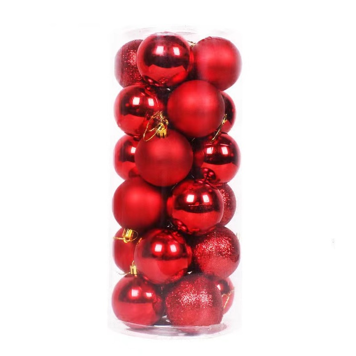Set 24 ornamente de Craciun, Plastic, Rosu