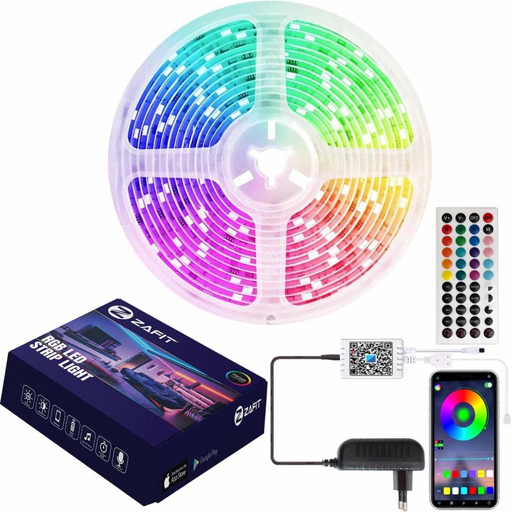 Banda LED ZAFIT™ 5 metri, Bluetooth, aplicatie telefon, telecomanda, mod muzica, timer, microfon, intensitate lumina reglabila, Interior, IP20, 5050 RGB, autoadeziva