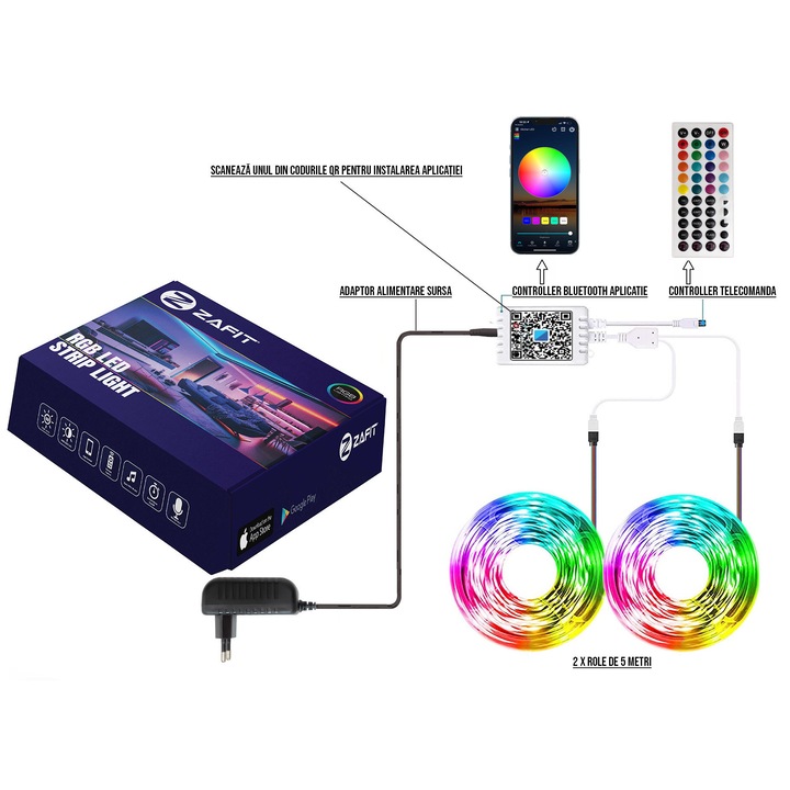 Banda LED ZAFIT™ 10 metri, Bluetooth, aplicatie telefon, telecomanda, mod muzica, timer, microfon, intensitate lumina reglabila, Interior, IP20, 5050 RGB, autoadeziva