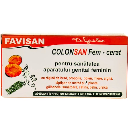 Supozitoare ColonSan Fem-cerat cu 5plante, adjuvant in afectiuni genitale, fisuri anale, hemoroizi interni, 10buc x 1.9g, Favisan