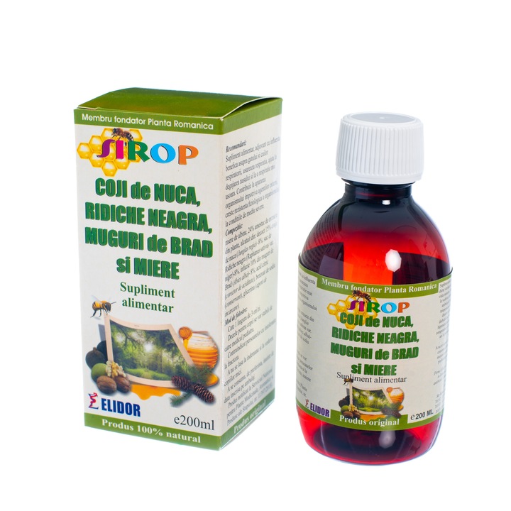 Sirop Coji de nuca, Ridiche neagra, Muguri de brad si Miere 200 ml Elidor