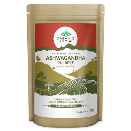 Supliment natural ORGANIC INDIA Ashwagandha Pulbere-Ginseng Indian, Antistres natural si Anti Anxietate, 100% certificat organic, 100g, BIO