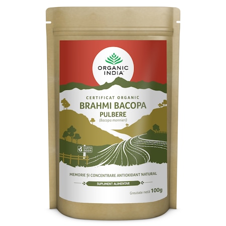 Supliment Natural ORGANIC INDIA Brahmi Bacopa Pulbere, Tonic Cerebral, Memorie, 100% certificat organic, Concentrare, 100g, BIO
