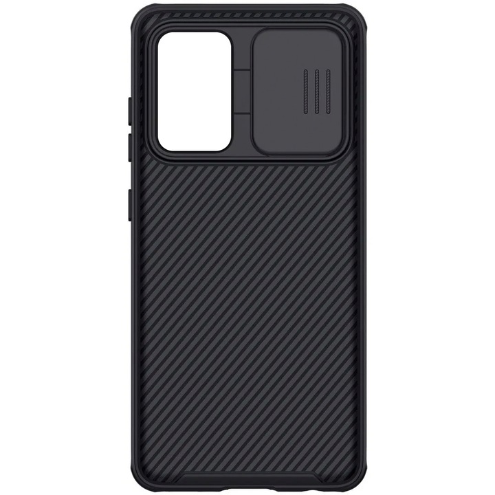 Samsung Galaxy A52 / A52S készülékkel kompatibilis tok, LensShield Obsidian, Csúszó burkolat a kamera védelméért, Csúszásgátló élek, Texturált hátlap, Ütésgátló sarkok, Fekete