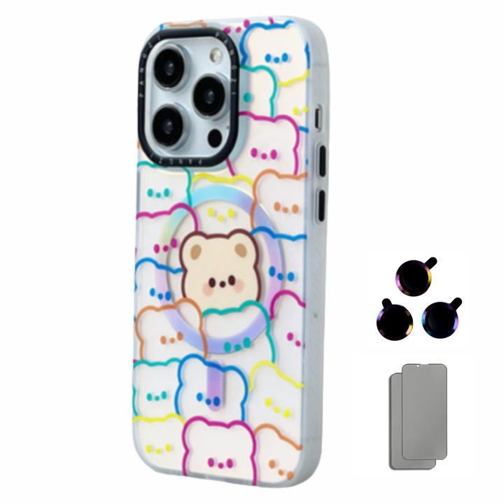 Кейс за iPhone Pimpom LuxoryGrey, С два протектора за дисплей, С протектор за камера, iPhone 15 Pro MAX, Холограмни мечета, 16х8х1 см