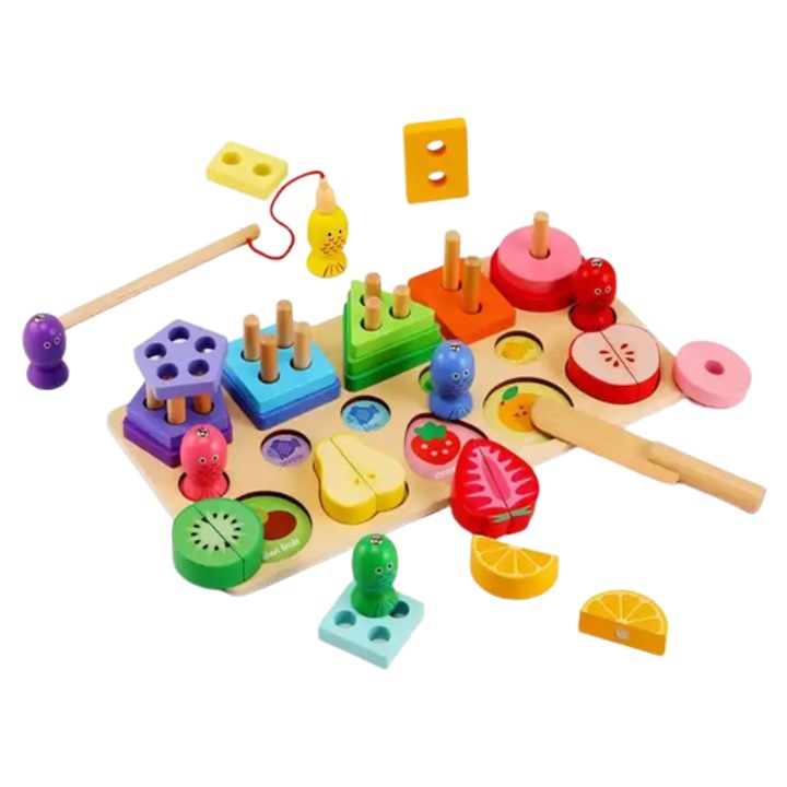 Joc educativ Aritmetic 3 in 1, sortator cu forme geometrice, joc de pescuit, puzzle cu feliator de fructe, Lemn, Montessori, 3 ani+, Edujucarii