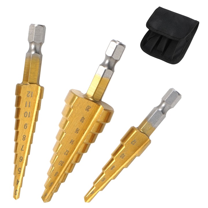 Set 3 burghie in trepte, JESWO, 3-20 mm, Otel, Cu husa transport, Auriu