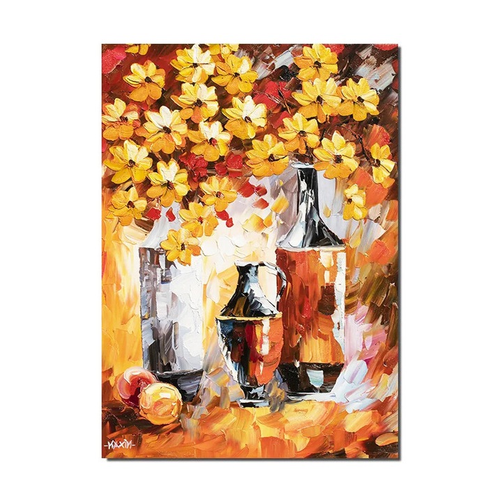 Tablou pictat manual living, dormitor, Natura statica cu flori si fructe, stilizat, pictura 70x50cm ulei pe panza in cutit efect 3D