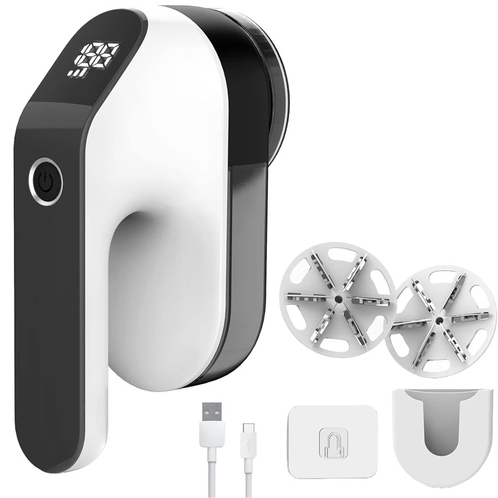 Aparat de curatat scame reincarcabil USB cu acumulator de 2000 mAh, afisaj LED, 3 viteze, 2 lame de schimb cu 6 pale, suport de perete, viteza maxima 9000 rpm, alb