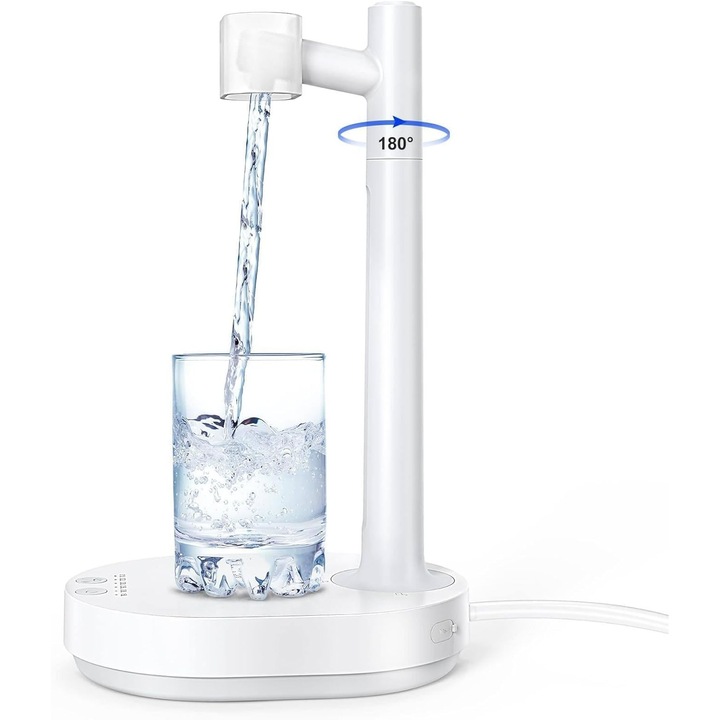 Distribuitor de apa de birou, pompa de apa pentru casa, XIUWOO, pentru sticle de galoane de toate dimensiunile, cu capac rotative de praf, cu cantitativ pe 7 niveluri, portabil si detasabil, incarcare USB, alb transparent
