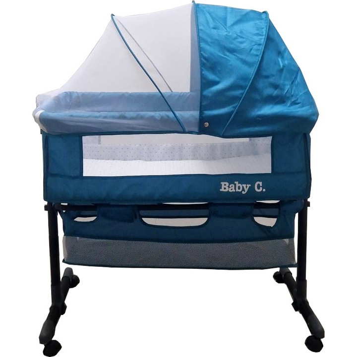 Patut copii transformabil in balansoar bebe Baby Care™ Co-Sleeper, Cu plasa insecte si cosulet depozitare, Design modern, 4 roti cu frana, Dimensiuni 85X95X50 cm, Saltea inclusa, Cadru aluminiu, Albastru Turquoise