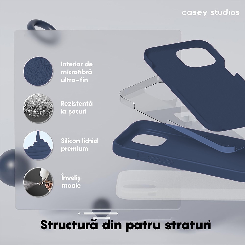 Husa CASEY STUDIOS™ compatibila cu iPhone 15 Pro, Soft Silicone Premium, Microfibra in Interior, Midnight Blue, de Protectie, pentru Incarcare Wireless, Margini Ridicate de Protectia Ecranului si a Camerelor
