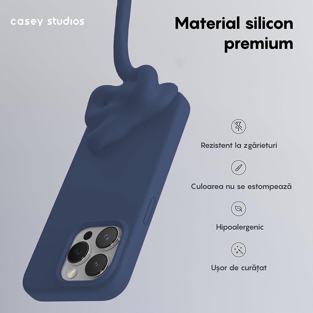 Husa CASEY STUDIOS™ compatibila cu iPhone 15 Pro, Soft Silicone Premium, Microfibra in Interior, Midnight Blue, de Protectie, pentru Incarcare Wireless, Margini Ridicate de Protectia Ecranului si a Camerelor