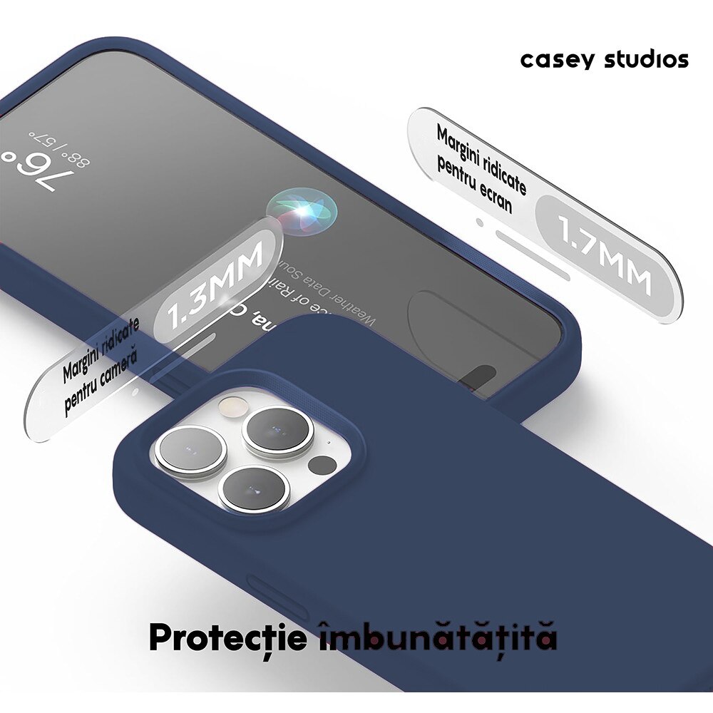 Husa CASEY STUDIOS™ compatibila cu iPhone 15 Pro, Soft Silicone Premium, Microfibra in Interior, Midnight Blue, de Protectie, pentru Incarcare Wireless, Margini Ridicate de Protectia Ecranului si a Camerelor