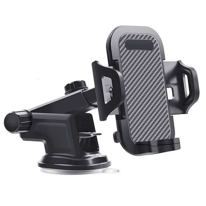 Autós telefontartó, 26 cm-ig kihúzható kar, szélvédőre vagy műszerfalra rögzíthető, 360 fokban állítható, Univerzális, Fekete, SONORH®