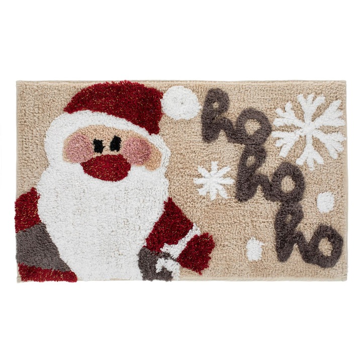 Килимче за баня, Коледен модел с Дядо Коледа, Снежинка, Хо Хо Хо, Сребърни детайли от лурекс, 75x45см, Бежов, MYONNA IT & E- COMMERCE ®