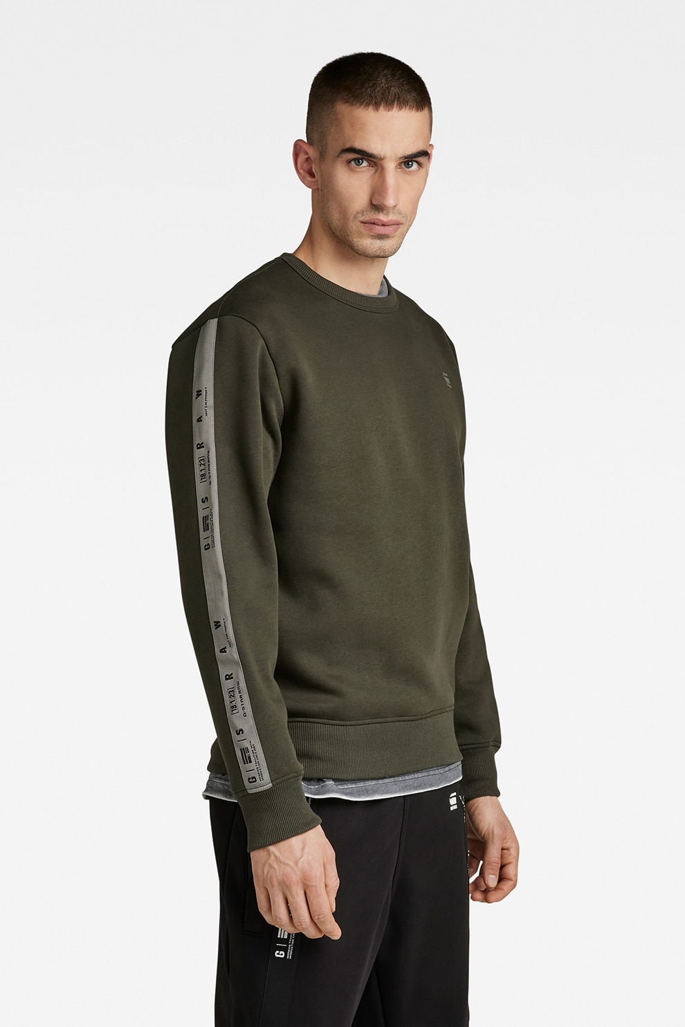 G-STAR, Суитшърт Sport A Tape с овално деколте, Тъмнозелен, S