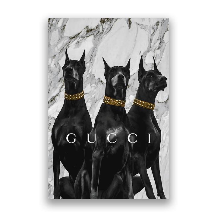 Първокласна картина на платно, LuxCanva® A1188, Куче Gucci, 40 X 60 CM, 100% памучно платно 400g/m2, Дървена рамка, Всекидневна, Животно, Кафене, Луксозни марки, Black White
