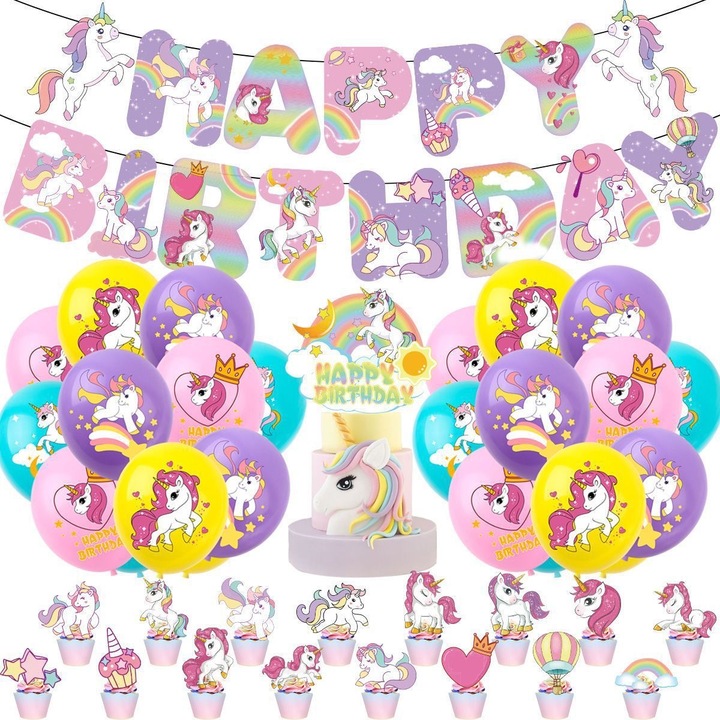 Комплект от 16 балона, 1 банер Честит рожден ден, 17 шапки за кексчета, 1 шапка за торта, New Huaao, латекс, многоцветен