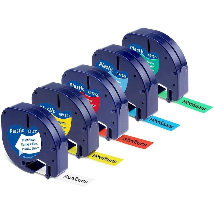 Set 5 Etichete plastic alb 12mm x 4m Aimo P12 compatibile Dymo Letratag 91221 91201 S0721660, JENUOS®, Multicolor