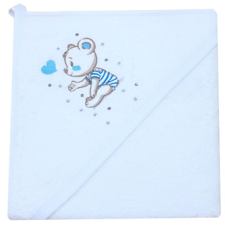 Prosop cu gluga, Ursulet cu inimioara albastra, bumbac, alb, 80 x 100 cm