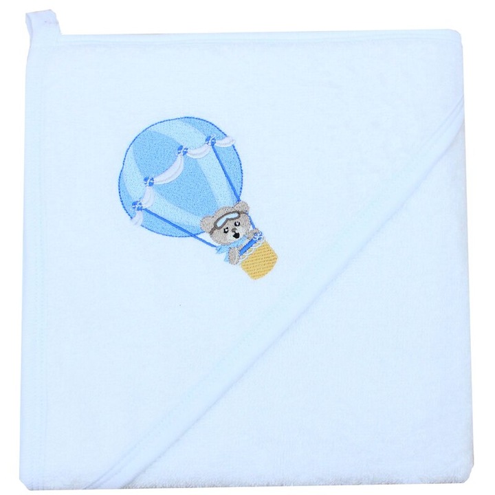Prosop cu gluga, Ursuletul in balon albastru, bumbac, alb, 80 x 100 cm