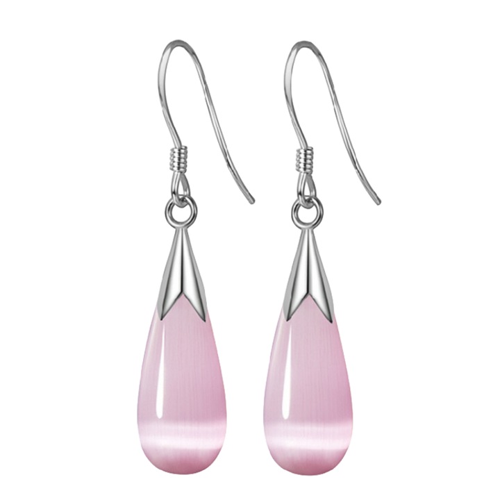 Cercei de picatura de apa pentru femei, piatra ochi de pisica, S925 argint, roz