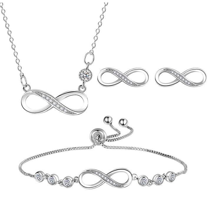 Set Bratara Cercei Colier Pandativ, Zircon S925 Argint, Platina, 3 bucati