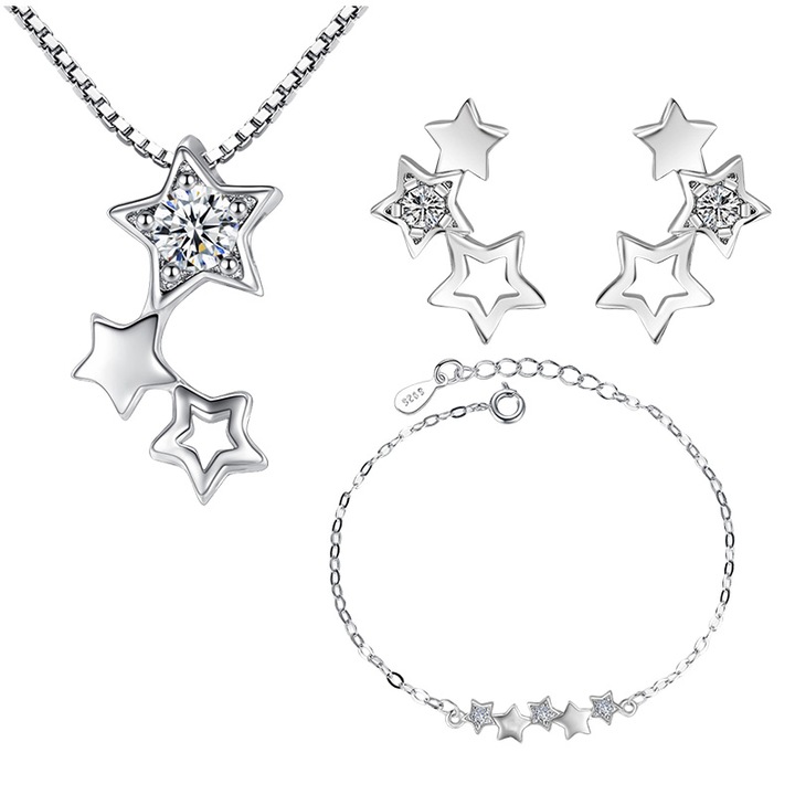 Set Colier Pandantiv Bratara Cercei, Zircon S925 Argint, Platina, 3 buc