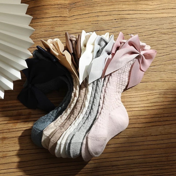 Sosete Lungi pentru Fete, cu Fundite din Saten, Bumbac, Albe, MIXBO