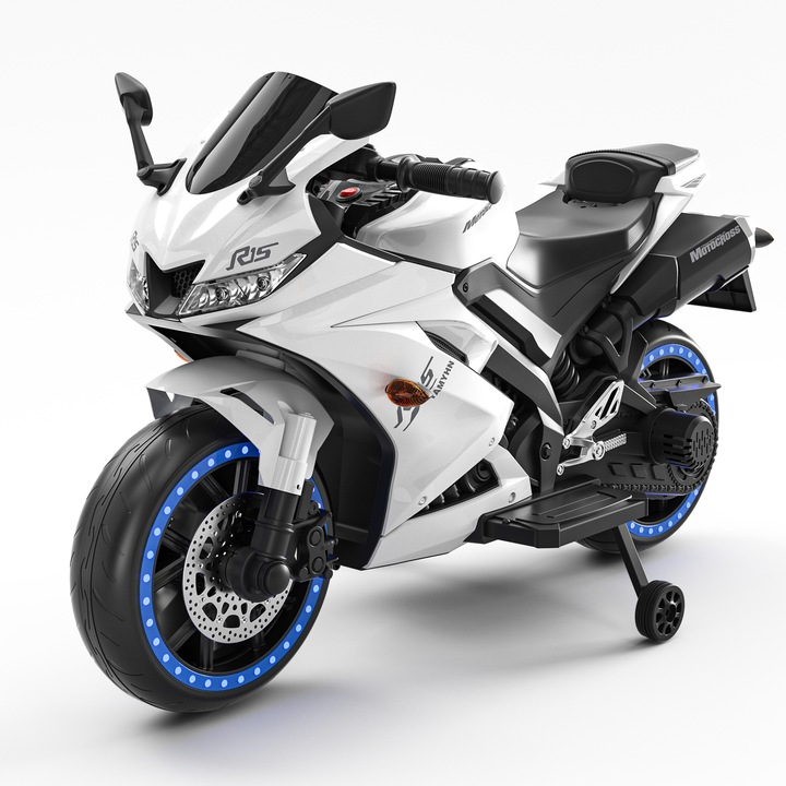 Motocicleta electrica, Kinderauto BJLTR15 SuperBike cu roti moi si scaun tapitat, culoare alba