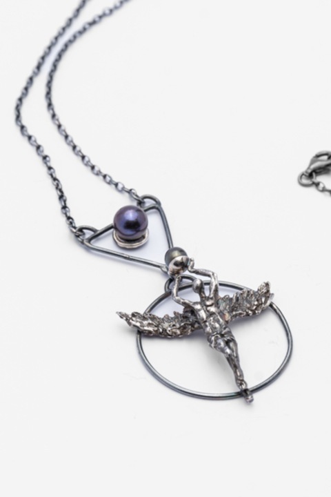 Pandantiv Inger, Argint 925, perle gri de cultura, patinat