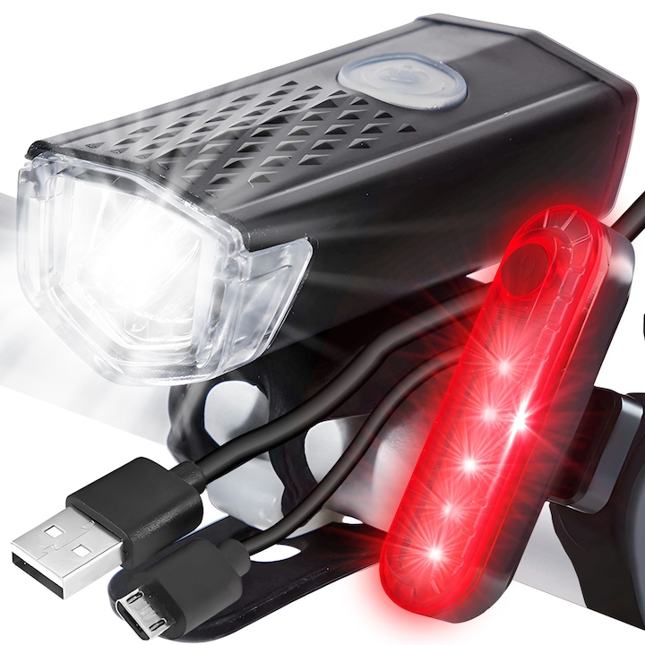 Első/hátsó LED kerékpárlámpa készlet, USB újratölthető 800 mAh-s akkumulátor, víz- és porálló, 3 világítási mód, fekete