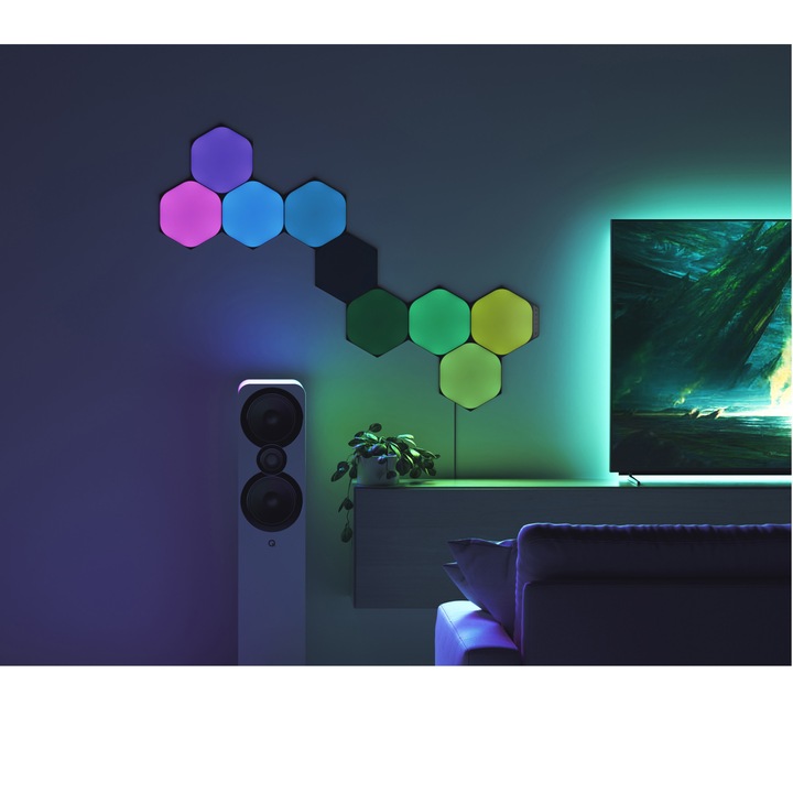 Kit extensie panouri luminoase LED RGBW modulare inteligente Nanoleaf Shapes Black Hexagons, Wi-Fi, Touch Control, sincronizare muzica, 3 panouri