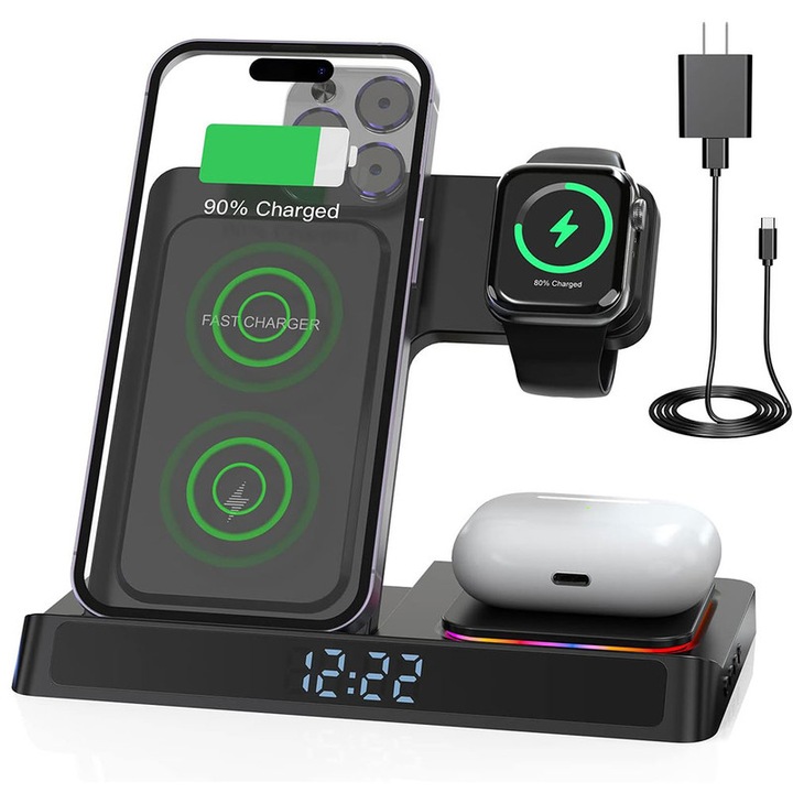 Incarcator Wireless Nelbons®, Statie Incarcare 4 In 1 Qi Fast Charger 18W Incarcare Rapida Compatibil Cu Iphone, Samsung, Apple Watch, Airpods, Huawei, Xiaomi, Cu cablu si adaptor, universal, negru
