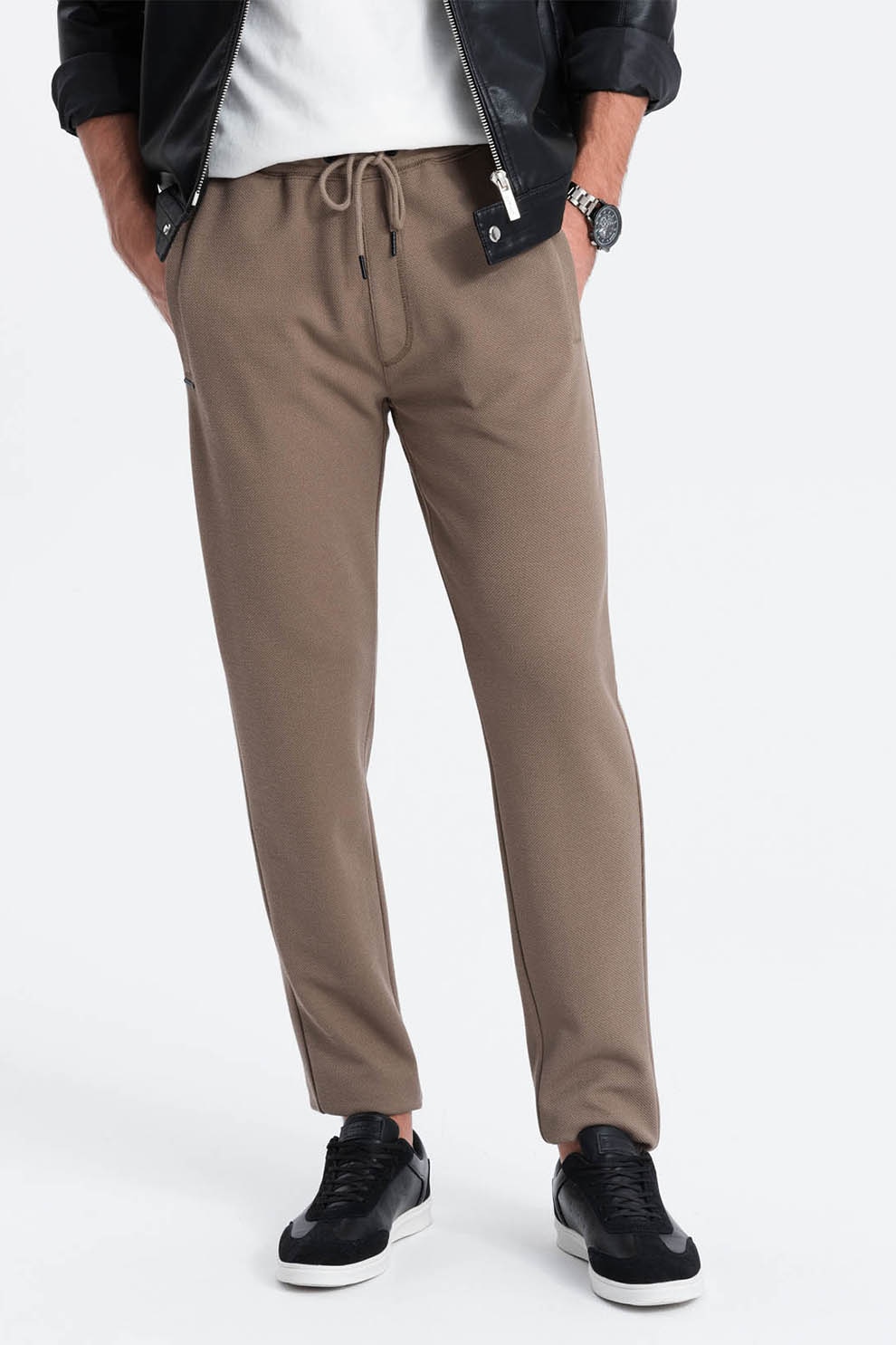 OMBRE, Pantaloni texturati cu snur in talie, Maro camel, S