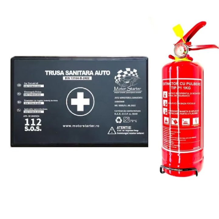 Kit siguranta rutiera omologat - Trusa medicala AUTO + Stingator auto reincarcabil P1, cu pulbere ABC 1kg rosu