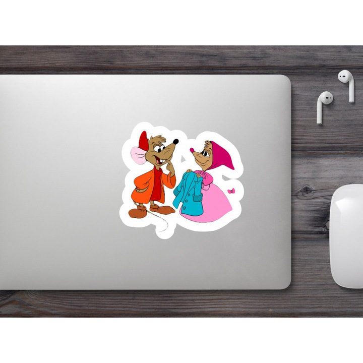 Set 4 bucati, Sticker decorativ, Jaq din Cenusareasa si iubita lui, Rezistent la apa, NO9793, 10 cm, Multicolor