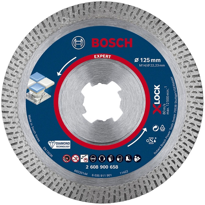 Disc de taiere diamantat Bosch Expert HardCeramic 2608900658, 125x1.4x10 mm, prindere X-LOCK