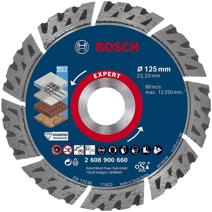 Disc de taiere diamantat Bosch Expert MultiMaterial 2608900660, 125x2.2x12 mm, alezaj 22.23 mm