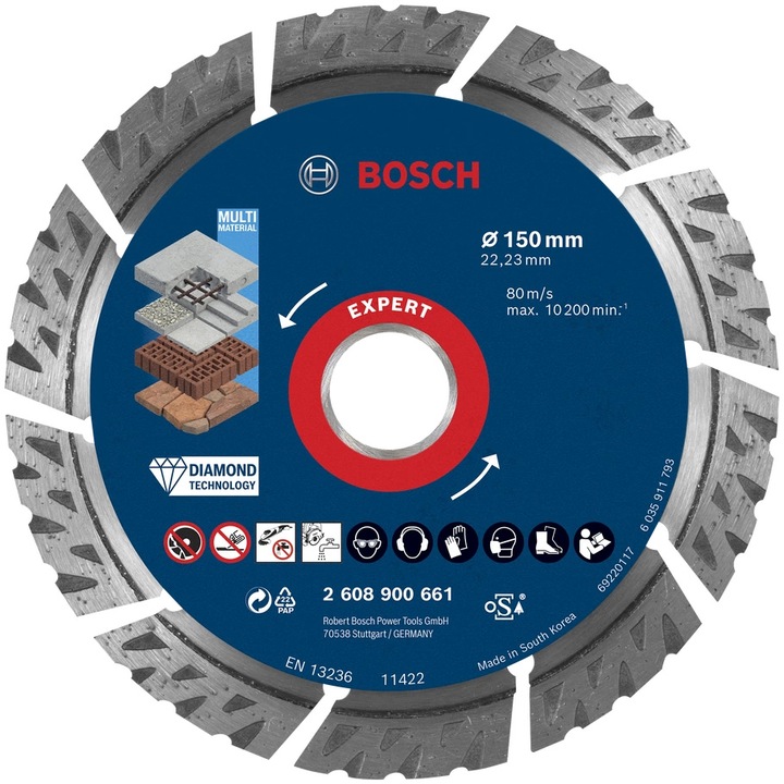Disc de taiere diamantat Bosch Expert MultiMaterial 2608900661, 150x2.4x12 mm, alezaj 22.23 mm