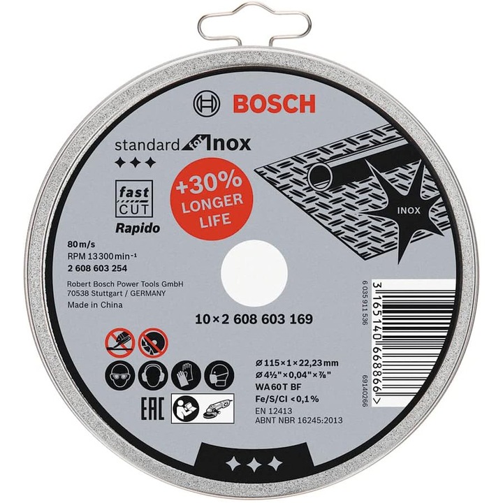 Set de 10 discuri de taiere Standard pentru inox Bosch Rapido 2608603254, 115 x 1 mm dimensune, cutie metalica
