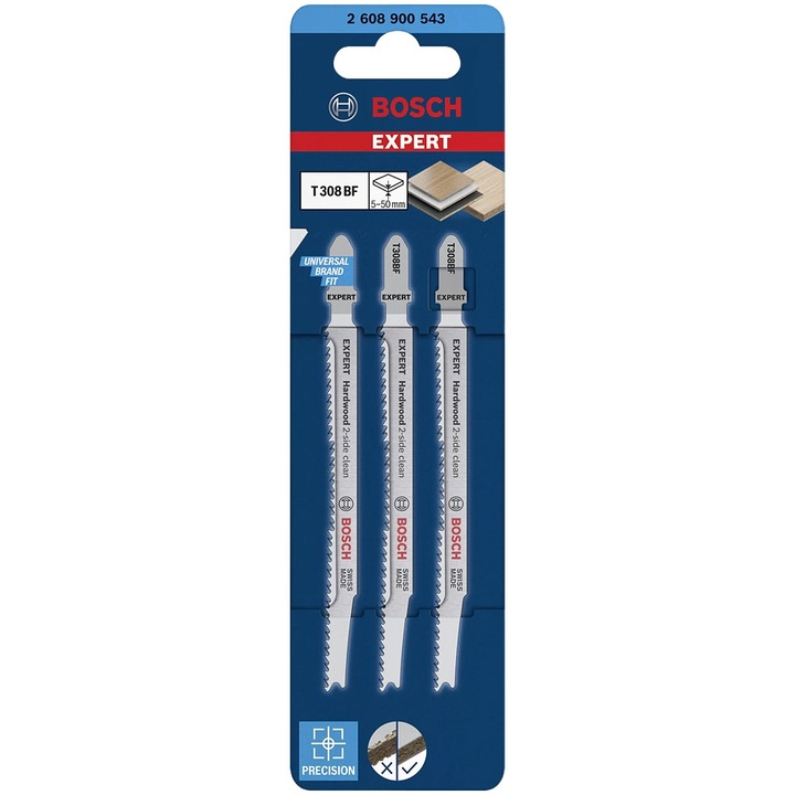 Set de 3 panze de fierastrau vertical Bosch Expert Hardwood 2-side clean T 308 BF 2608900543, 2 mm spatiere dinti, 117 mm lungime